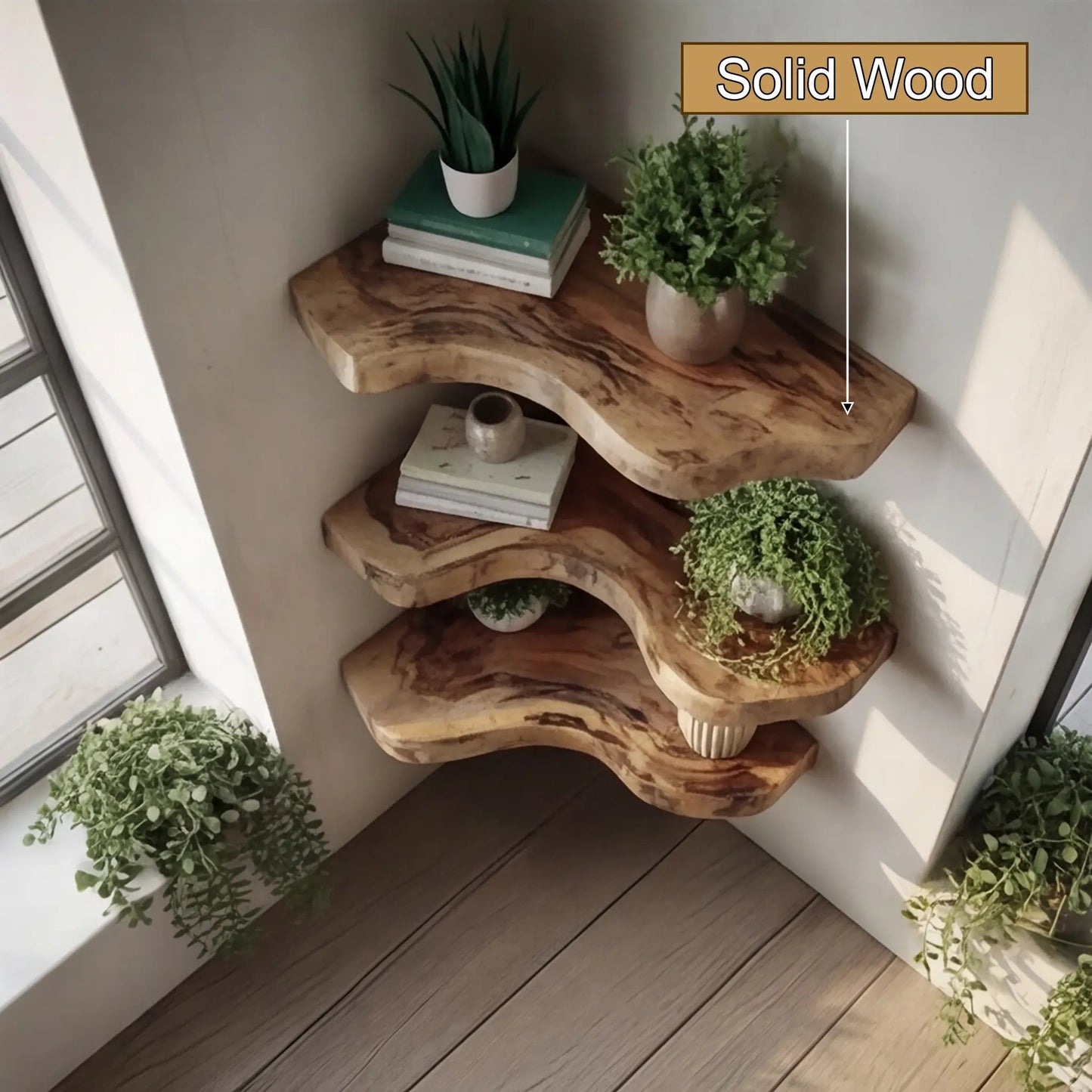 Waveline Live Edge Solid Wood Corner Floating Shelf Kitchnce