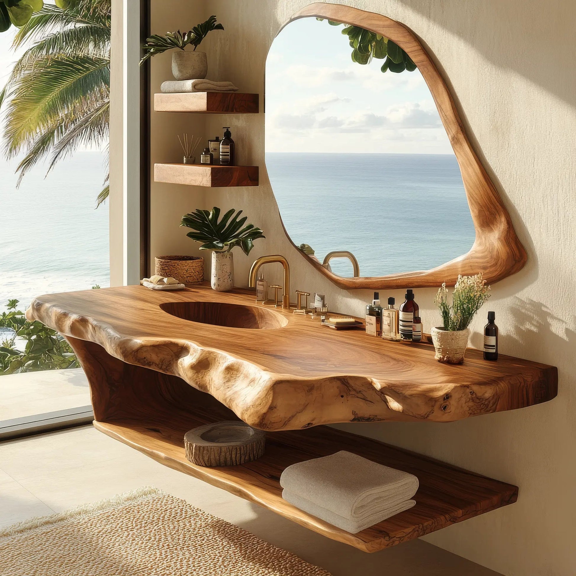 Zerune Live Edge Solid Wood Floating Bathroom Vanity with Integrated Sink and Open Storage Kitchnce
