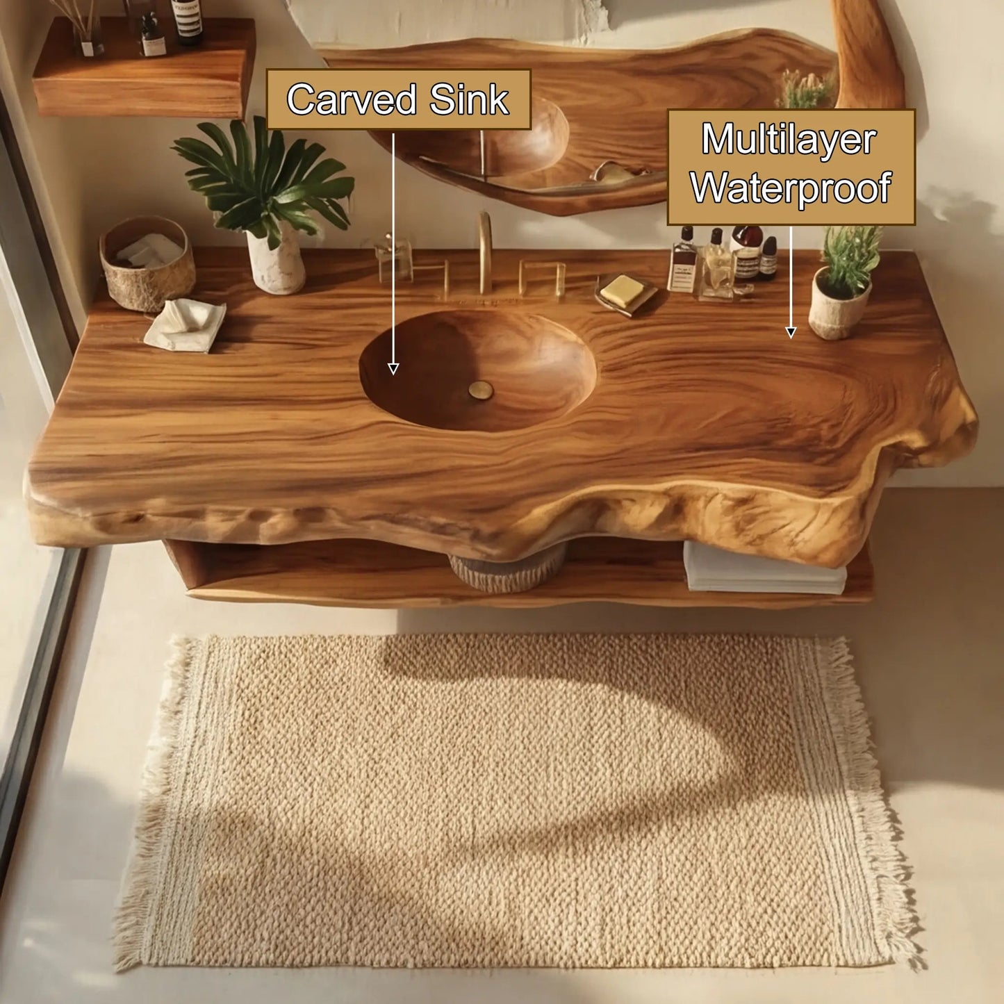 Zerune Live Edge Solid Wood Floating Bathroom Vanity with Integrated Sink and Open Storage Kitchnce