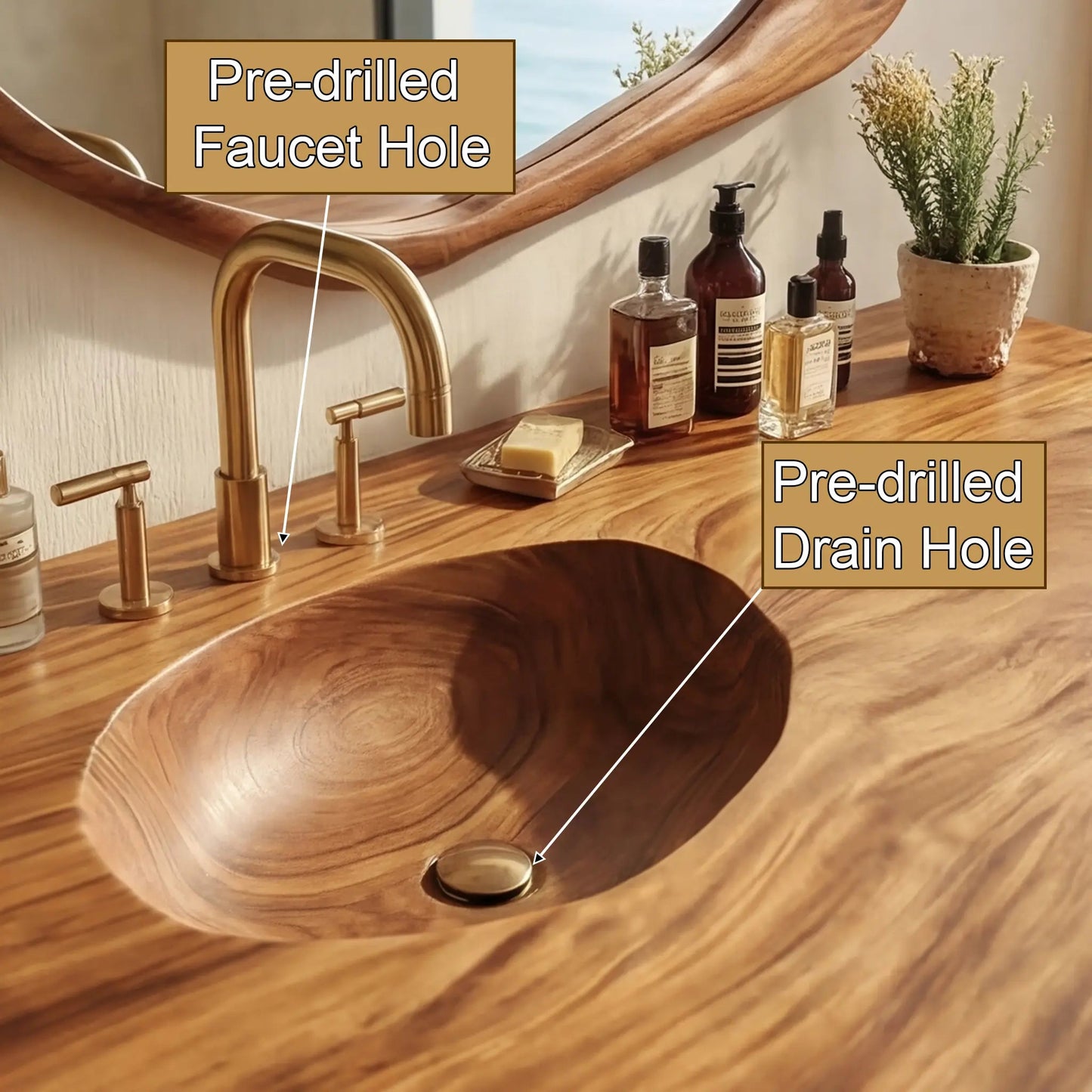 Zerune Live Edge Solid Wood Floating Bathroom Vanity with Integrated Sink and Open Storage Kitchnce