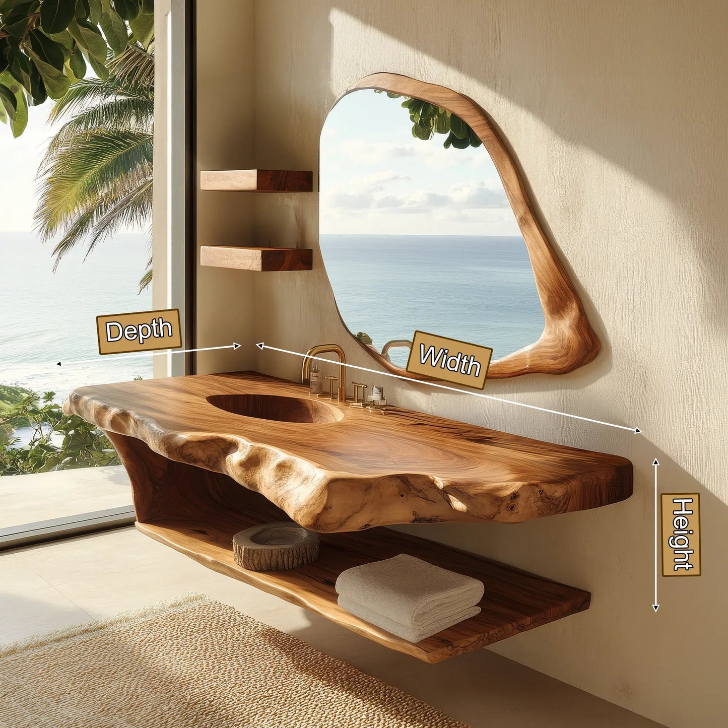 Zerune Live Edge Solid Wood Floating Bathroom Vanity with Integrated Sink and Open Storage Kitchnce