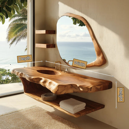 Zerune Live Edge Solid Wood Floating Bathroom Vanity with Integrated Sink and Open Storage Kitchnce