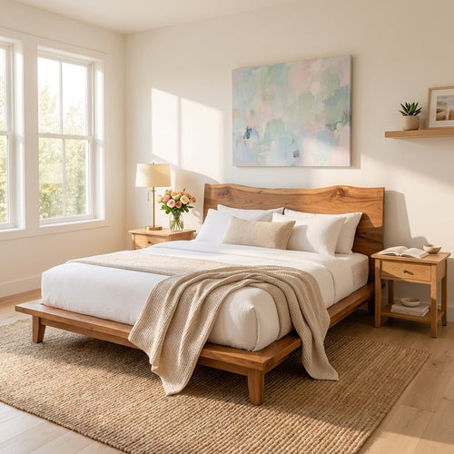Handcrafted Solid Wood Live Edge Platform Bed Frame, Organic Wavy Headboard Furniture