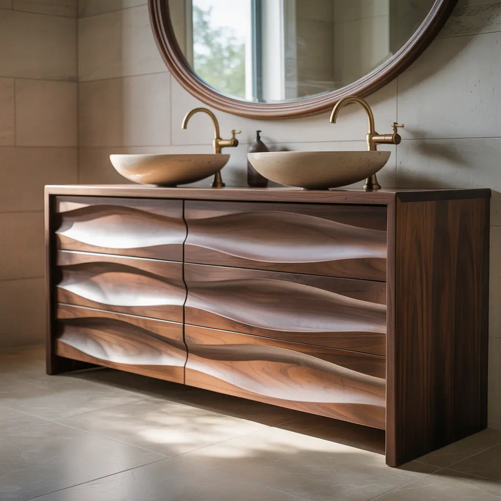Handcrafted Solid Walnut Bathroom Vanity – Sculptural Wave Front Double Sink Cabinet with Brass Fixtures Kitchnce