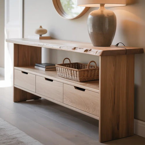 Handcrafted Solid Wood Console Table – Minimalist Live Edge Design with Storage Drawers Kitchnce