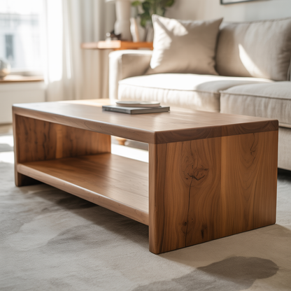 Handcrafted Solid Wood Coffee Table with Smooth Rounded Edges – Minimalist Natural Center Table with Open Shelf for Modern Living Rooms Kitchnce