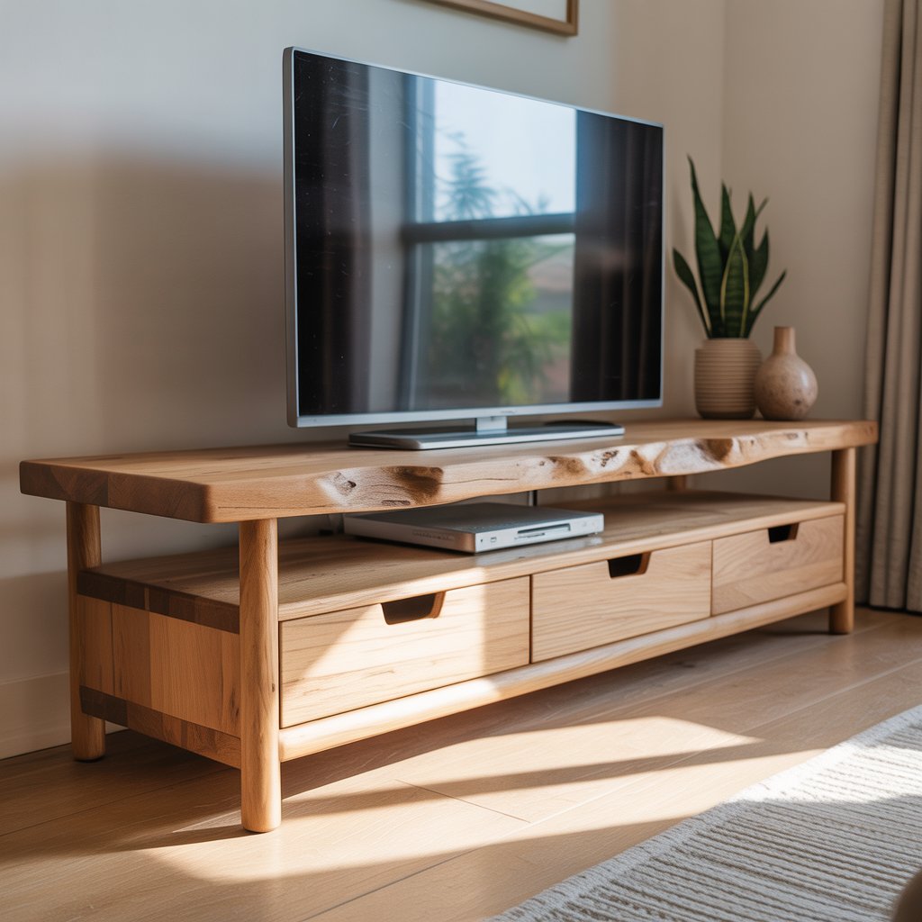 Handcrafted Light Solid Wood TV Stand – Scandinavian Live Edge Media Console with Drawers and Open Shelf Kitchnce