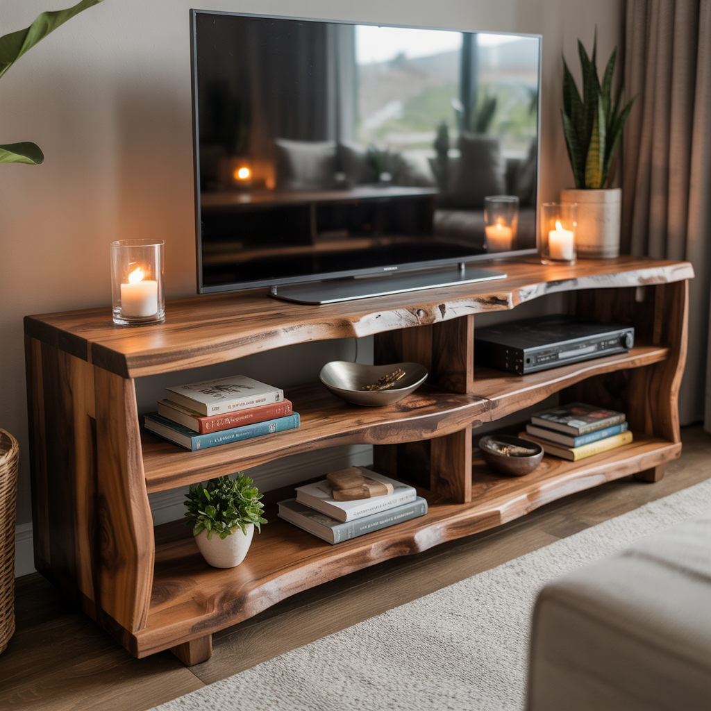 Rustic Live Edge Solid Wood TV Stand – Handcrafted Organic Media Console with 4 Open Shelves for Modern Living Spaces Kitchnce