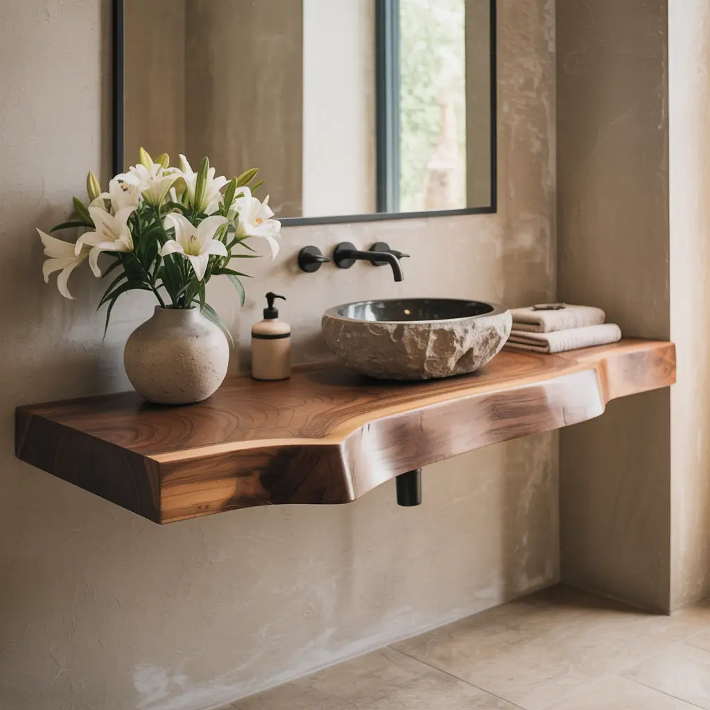 Live Edge Bathroom Vanity Shelf | Solid Wood Floating Sink Counter Kitchnce