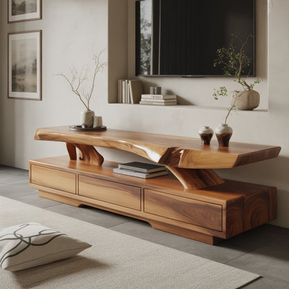 Solid Wood TV Stand with Live Edge Top – Modern Media Console Table