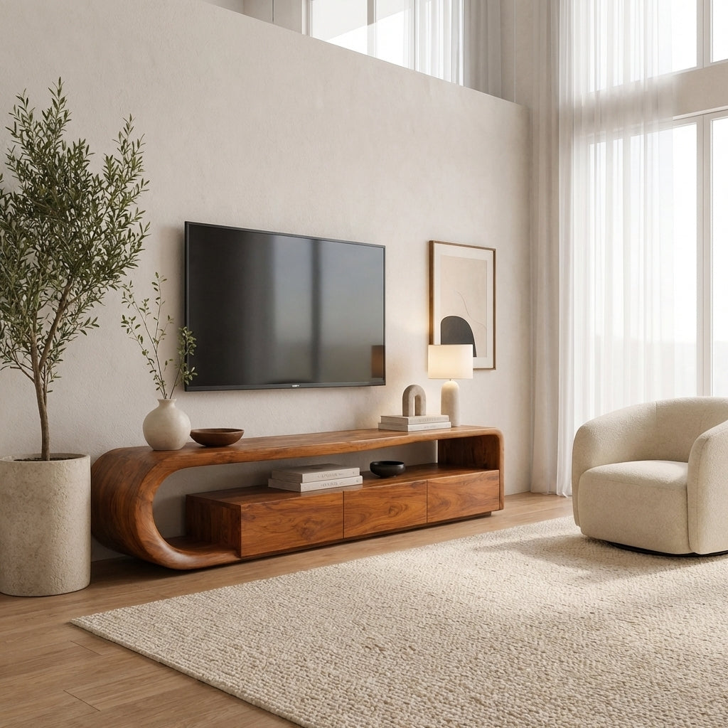 Solid Wood TV Stand with Curved Base – Modern Low Profile Media Console with Storage