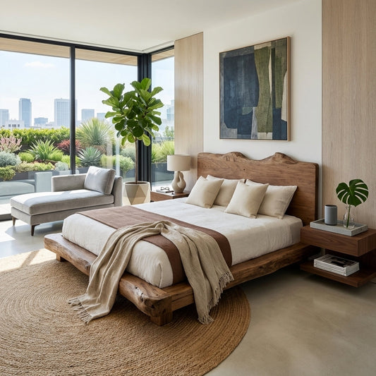 Handcrafted Live Edge Solid Wood Platform Bed, Rustic Organic Modern Bed with Headboard