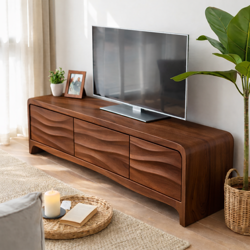Solid Wood TV Stand with Wave Front Drawers for Modern Living Spaces Kitchnce