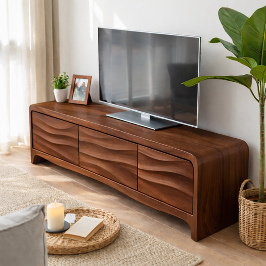 Solid Wood TV Stand with Wave Front Drawers for Modern Living Spaces Kitchnce