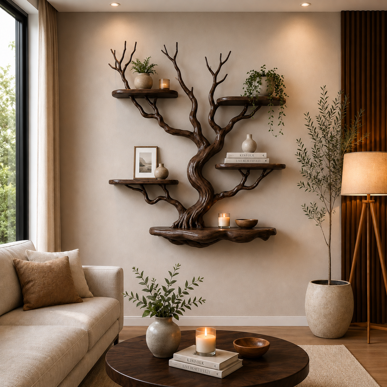 Nature Inspired Solid Wood Tree Bookshelf with Floating Display Shelves