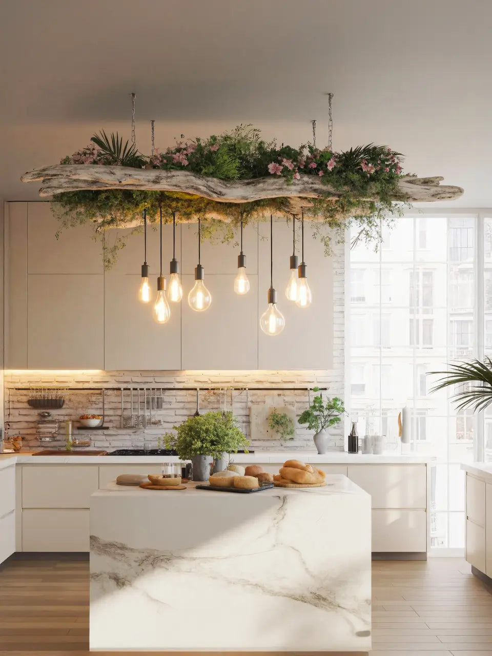 Rustic Driftwood Ceiling Light With Hanging Bulbs For Dining Room Kitchnce