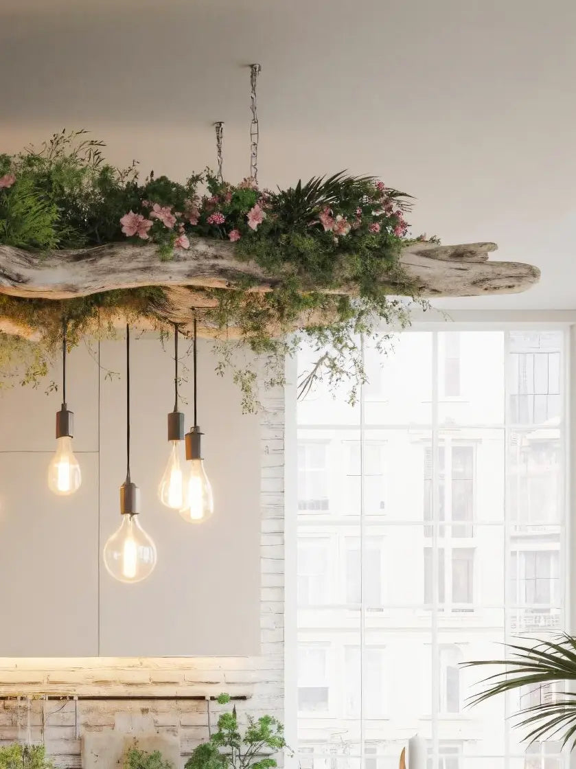 Rustic Driftwood Ceiling Light With Hanging Bulbs For Dining Room Kitchnce