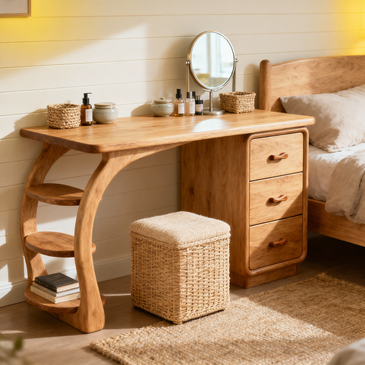 Solid Wood Makeup Vanity Desk with Curved Side Shelves and Drawer Storage