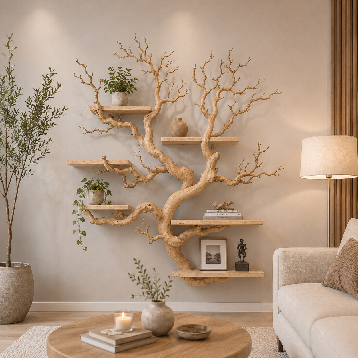 Rustic Tree Bookshelf Wall Shelf, Natural Wood Branch Bookcase