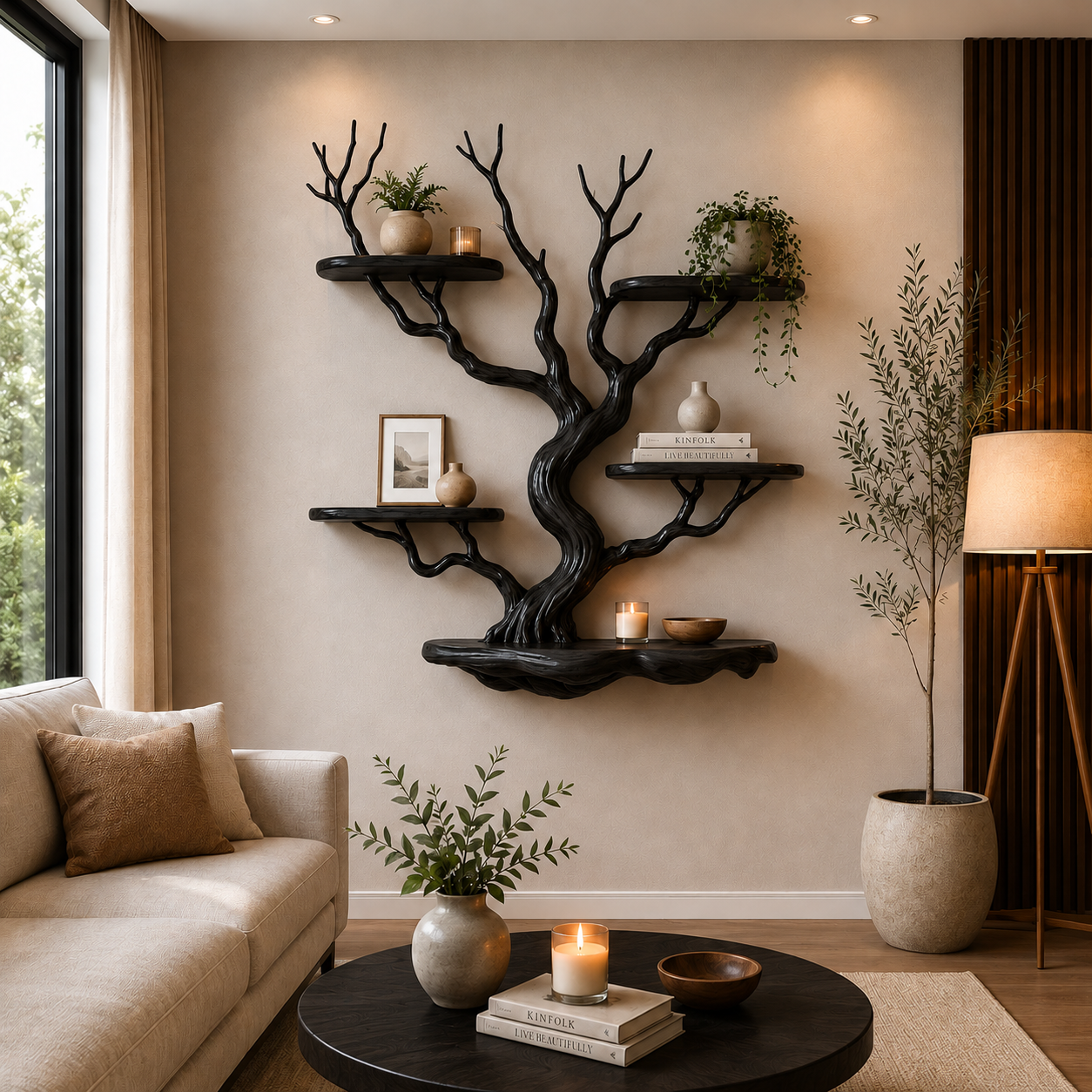 Nature Inspired Solid Wood Tree Bookshelf with Floating Display Shelves