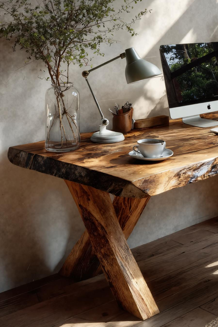 Rustic Live Edge Desk With X Legs For Home Office Kitchnce