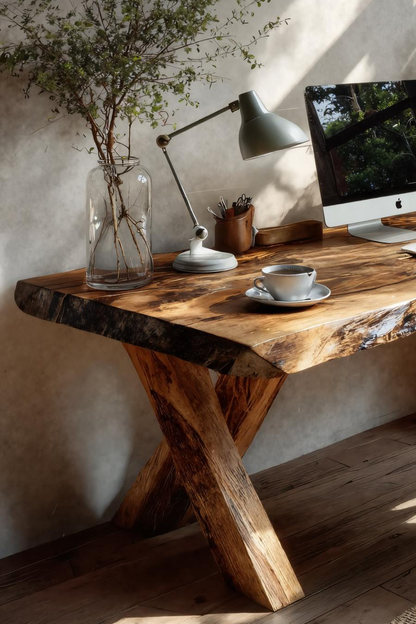 Rustic Live Edge Desk With X Legs For Home Office Kitchnce