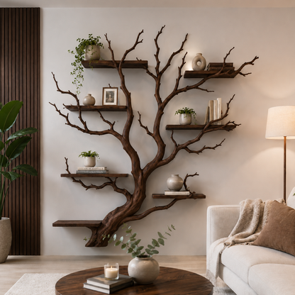 Tree Bookshelf Wall Shelf, Rustic Branch Bookcase, Natural Wood Decor