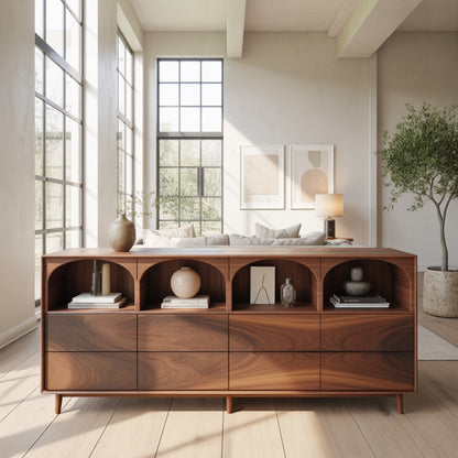 Solid Wood Console Table with Arched Open Shelves and Drawer Storage
