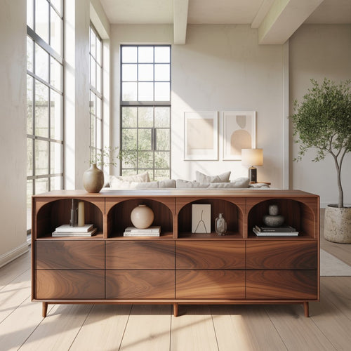 Solid Wood Console Table with Arched Open Shelves and Drawer Storage