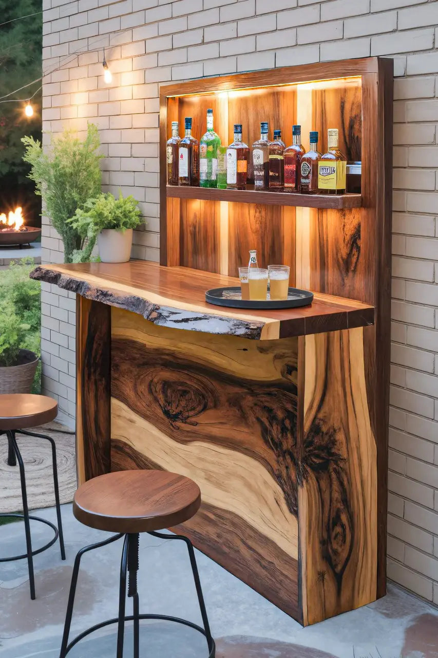Rustic Live Edge Outdoor Bar Counter With Shelves For Patio Kitchnce