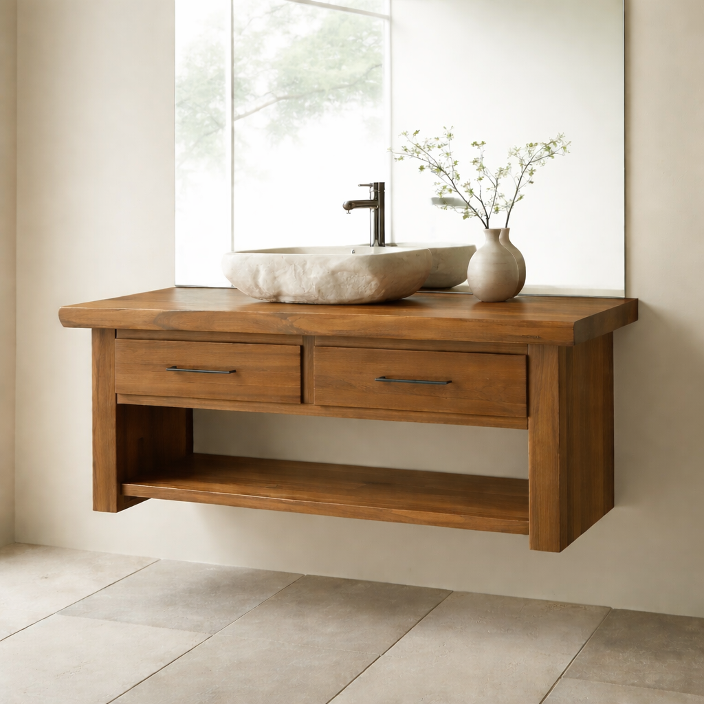 Floating Solid Wood Bathroom Vanity with Storage Shelf Kitchnce