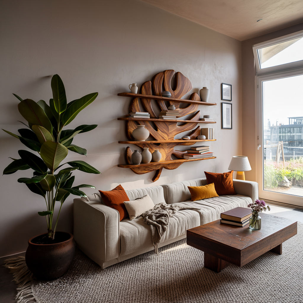 Modern Wooden Tropical Monstera Leaf Floating Bookshelf For Office Kitchnce