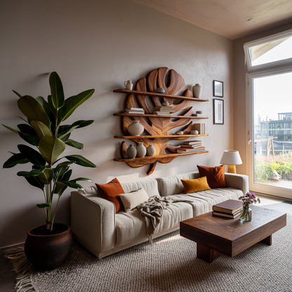 Modern Wooden Tropical Monstera Leaf Floating Bookshelf For Office Kitchnce