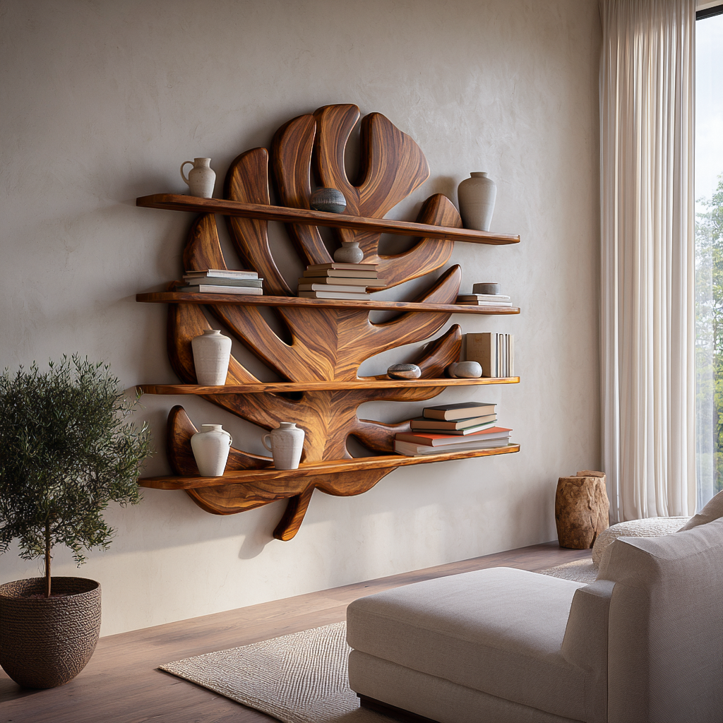 Modern Wooden Tropical Monstera Leaf Floating Bookshelf For Office Kitchnce
