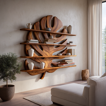 Modern Wooden Tropical Monstera Leaf Floating Bookshelf For Office Kitchnce