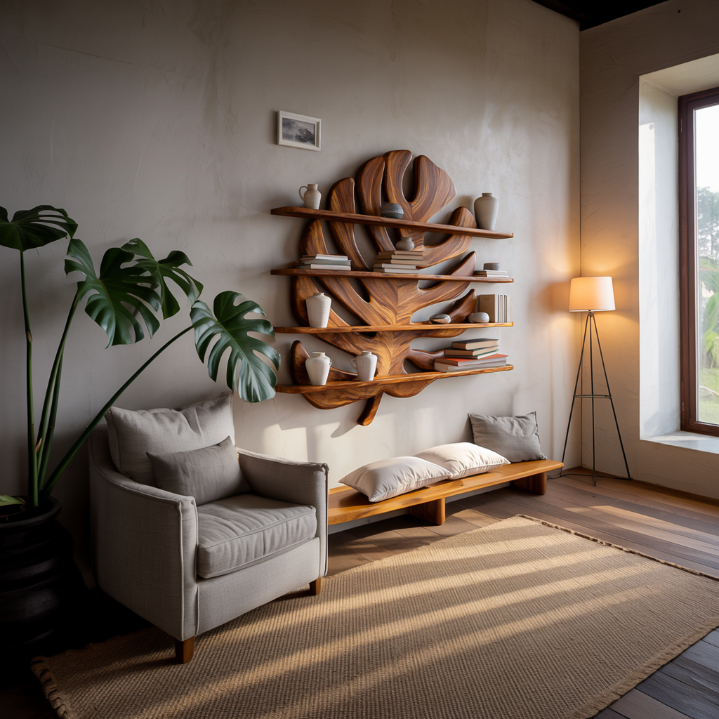 Modern Wooden Tropical Monstera Leaf Floating Bookshelf For Office Kitchnce