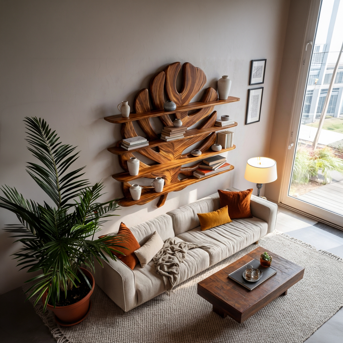 Modern Wooden Tropical Monstera Leaf Floating Bookshelf For Office Kitchnce
