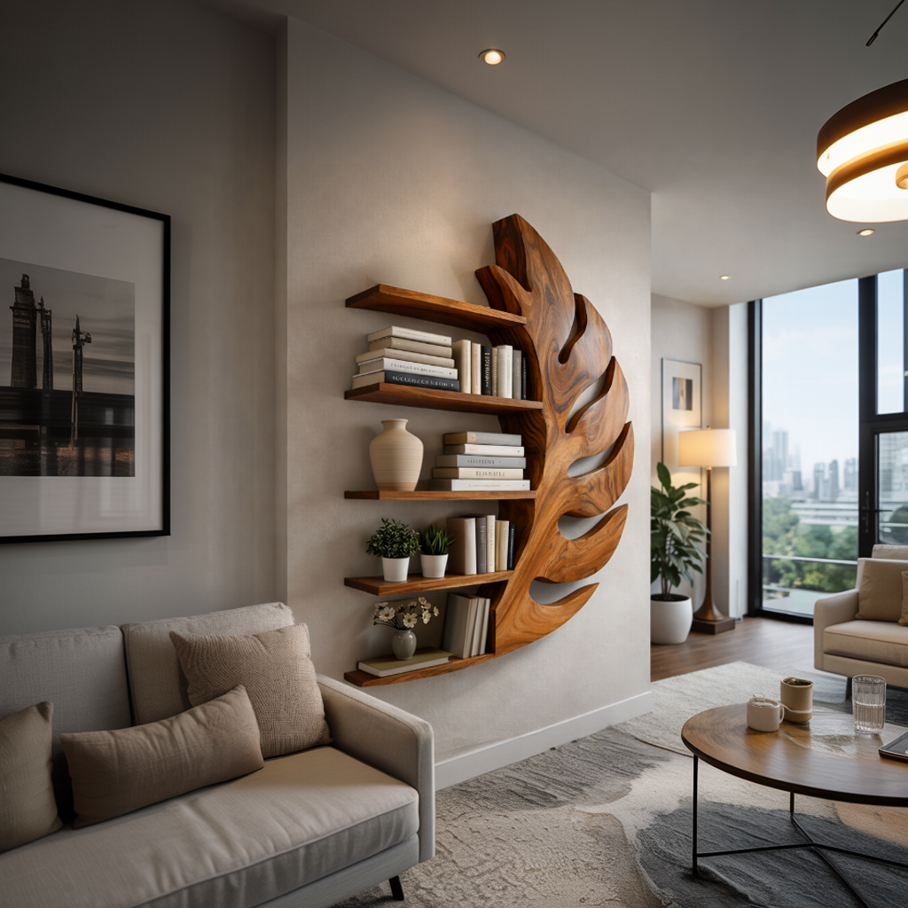Contemporary Wooden Leaf Shape Floating Bookshelf For Home Decor Kitchnce
