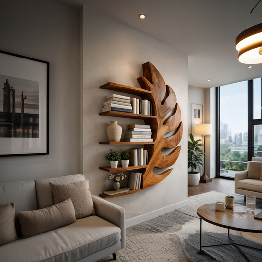 Contemporary Wooden Leaf Shape Floating Bookshelf For Home Decor Kitchnce