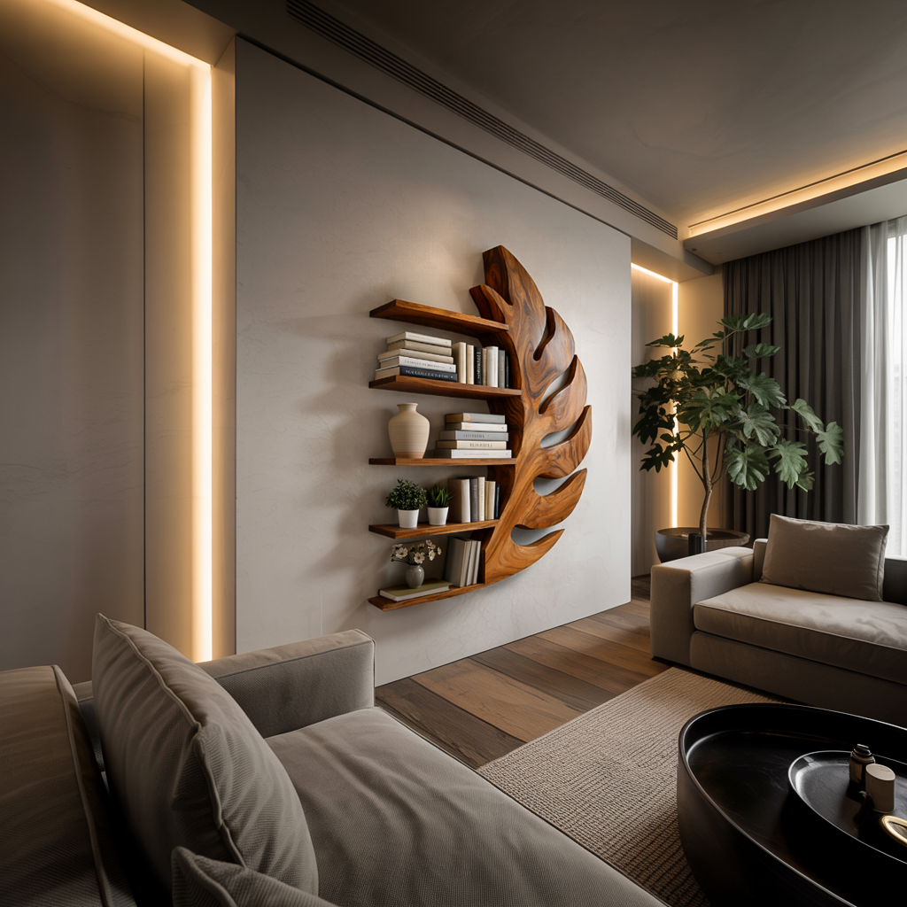 Contemporary Wooden Leaf Shape Floating Bookshelf For Home Decor Kitchnce