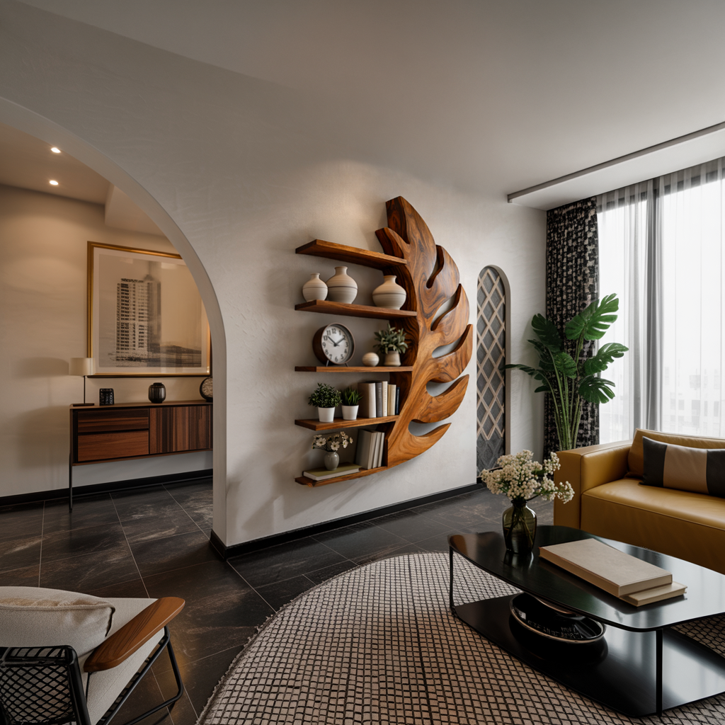 Contemporary Wooden Leaf Shape Floating Bookshelf For Home Decor Kitchnce
