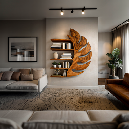 Contemporary Wooden Leaf Shape Floating Bookshelf For Home Decor Kitchnce