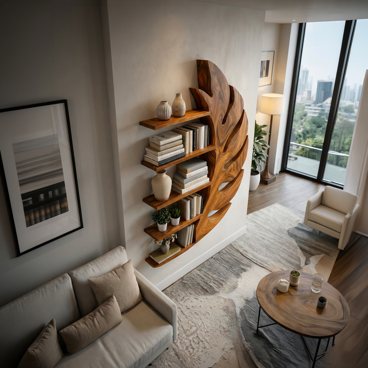 Contemporary Wooden Leaf Shape Floating Bookshelf For Home Decor Kitchnce