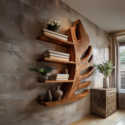 Organic Wooden Botanical Leaf Floating Bookshelf For Living Furniture Kitchnce