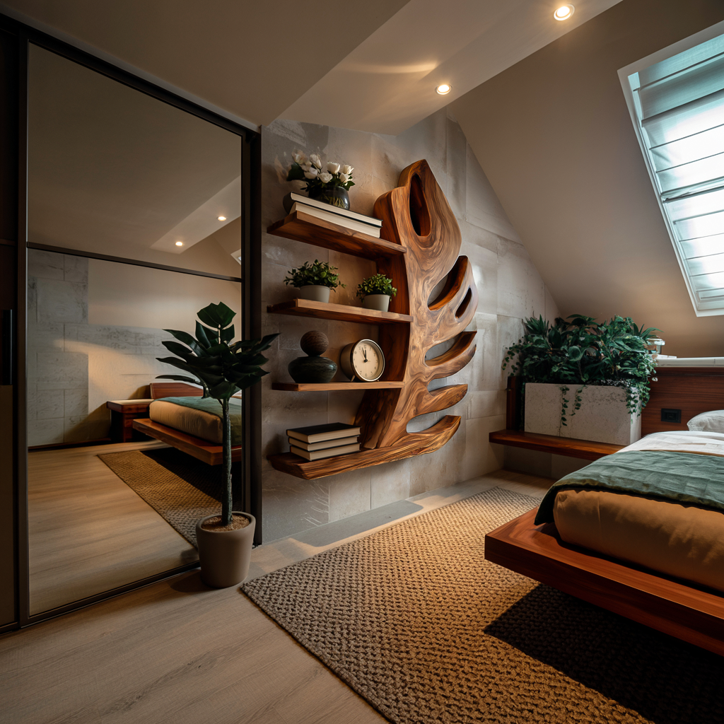 Organic Wooden Botanical Leaf Floating Bookshelf For Living Furniture Kitchnce