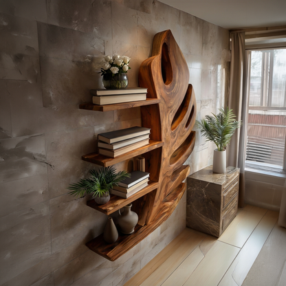 Organic Wooden Botanical Leaf Floating Bookshelf For Living Furniture Kitchnce