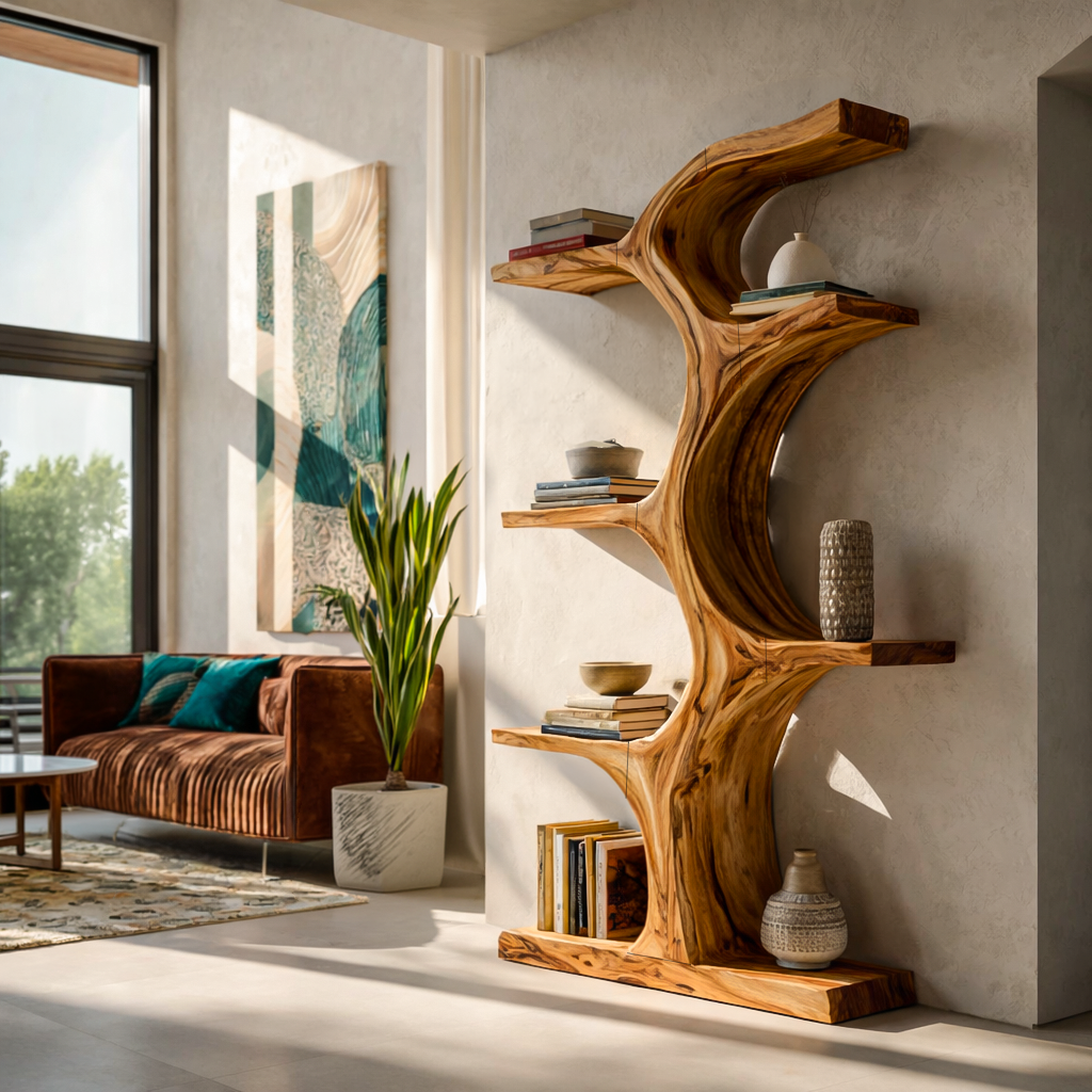 Organic Wooden Bookshelf With Branch Form For Living Room Kitchnce