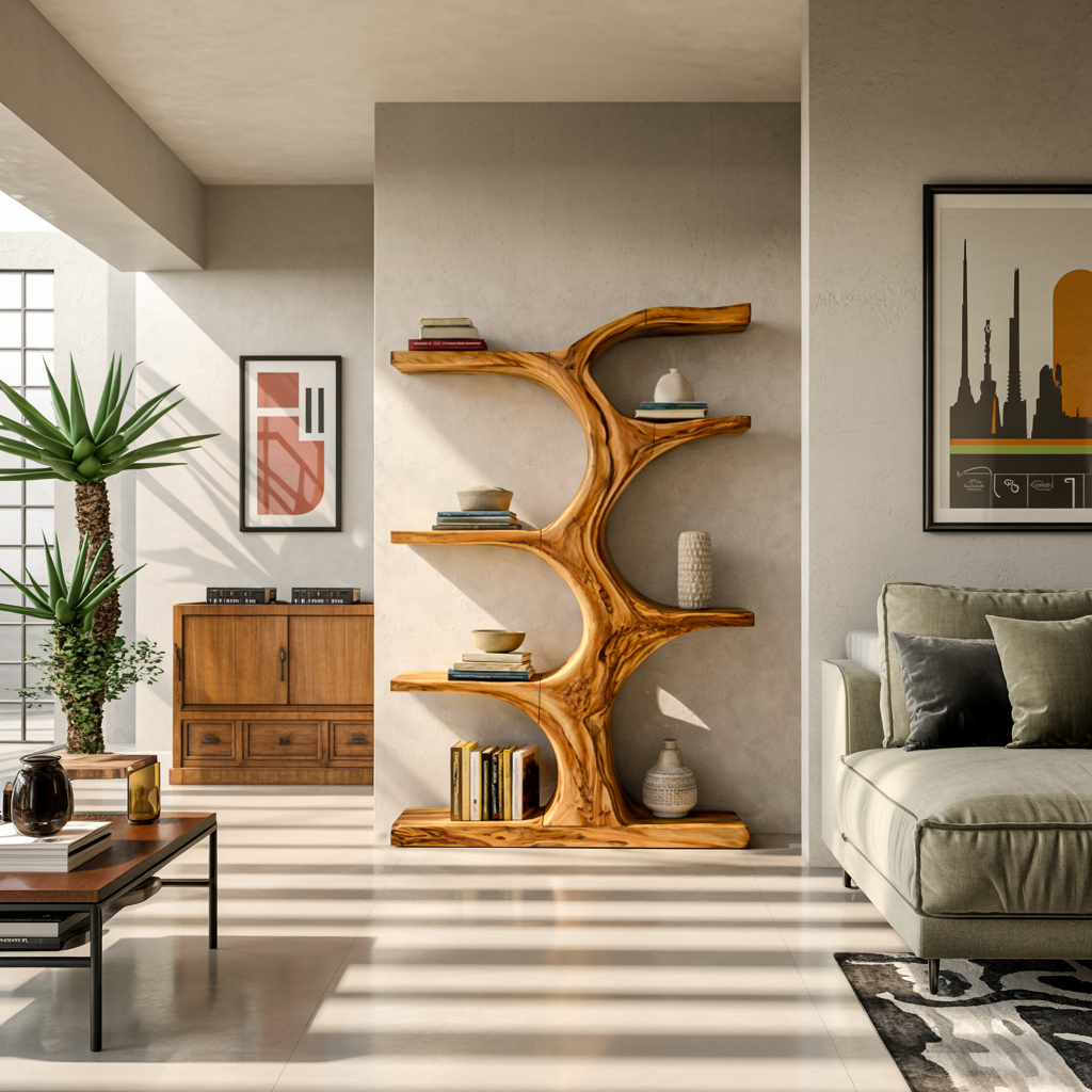 Organic Wooden Bookshelf With Branch Form For Living Room Kitchnce