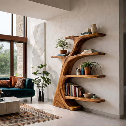 Rustic Wooden Curved Bookshelf Tree Design For Living Room Kitchnce