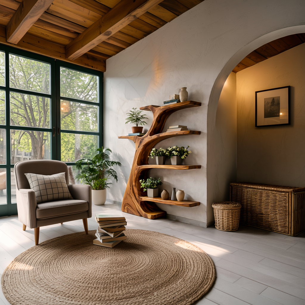 Rustic Wooden Curved Bookshelf Tree Design For Living Room Kitchnce